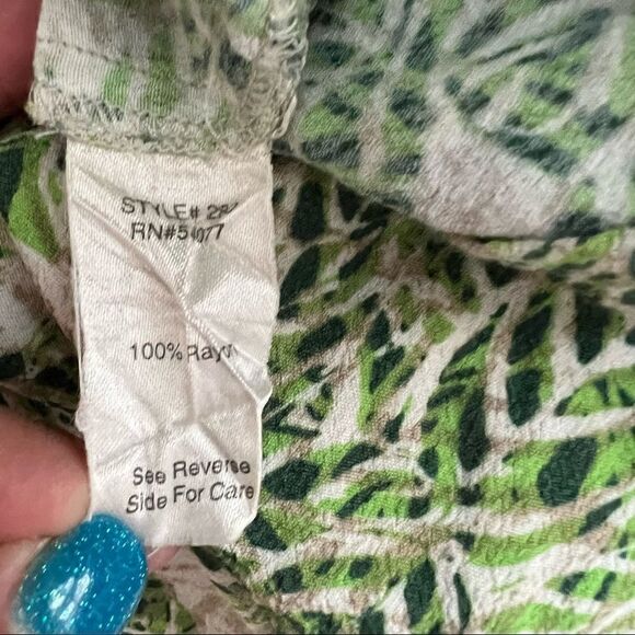 CAbi Style 280 Green + Tan Leaf Print Faux Wrap Dress w/ Collar Small - Picture 9 of 9